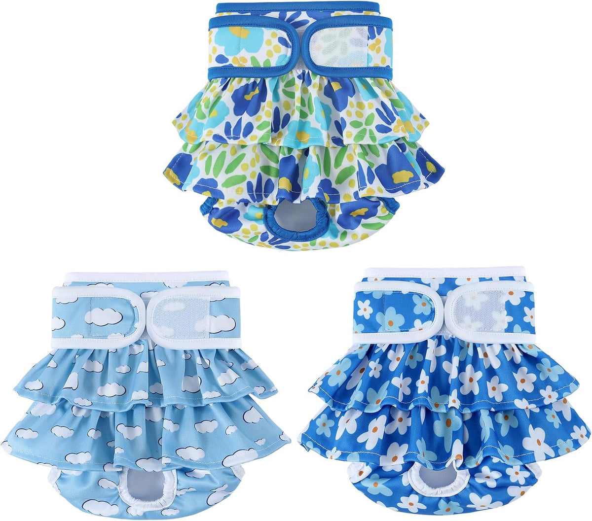 Packaging view of the three pack Mengelina washable dog diapers for female puppies