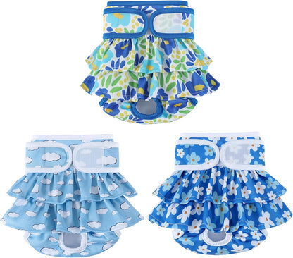 Packaging view of the three pack Mengelina washable dog diapers for female puppies