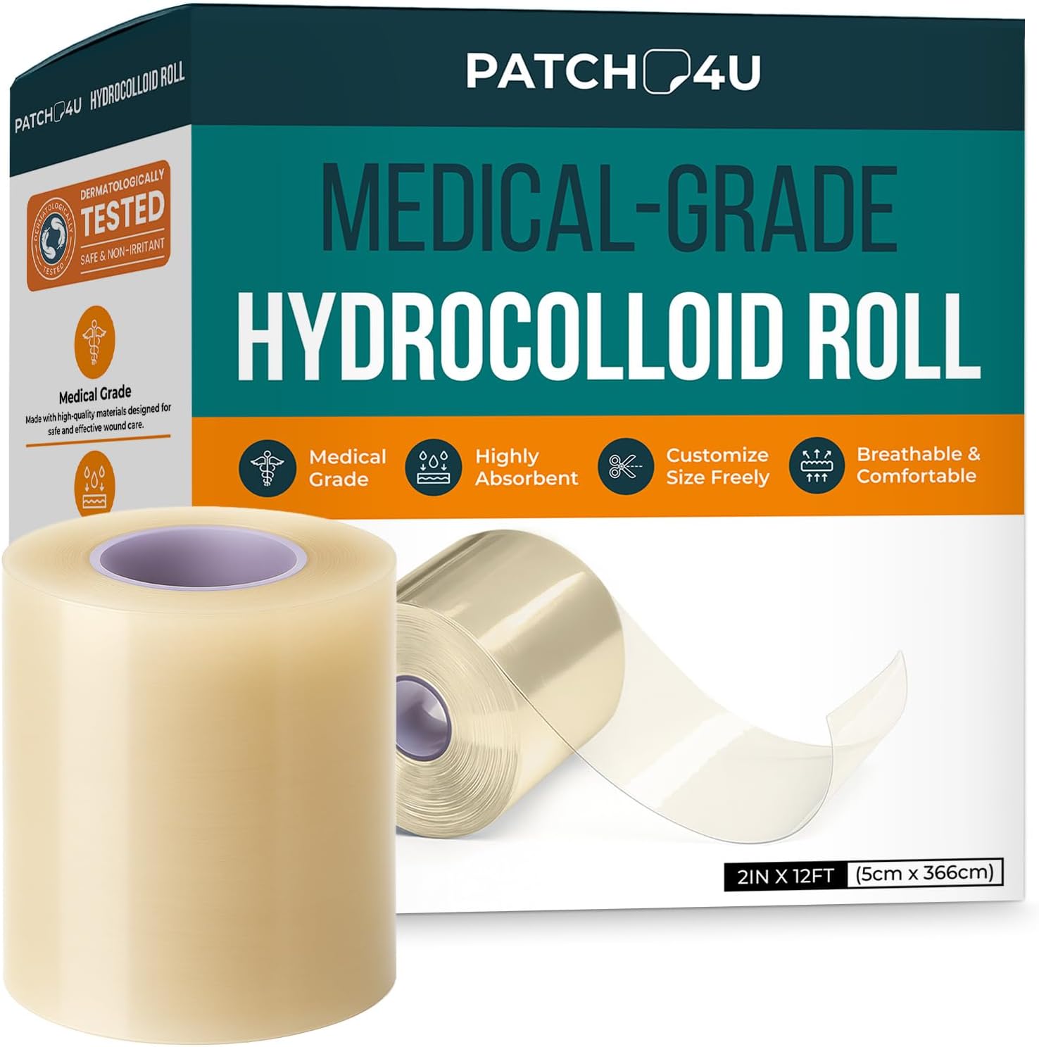 PATCH4U hydrocolloid roll for wound care front view showing product packaging and sterile medical roll