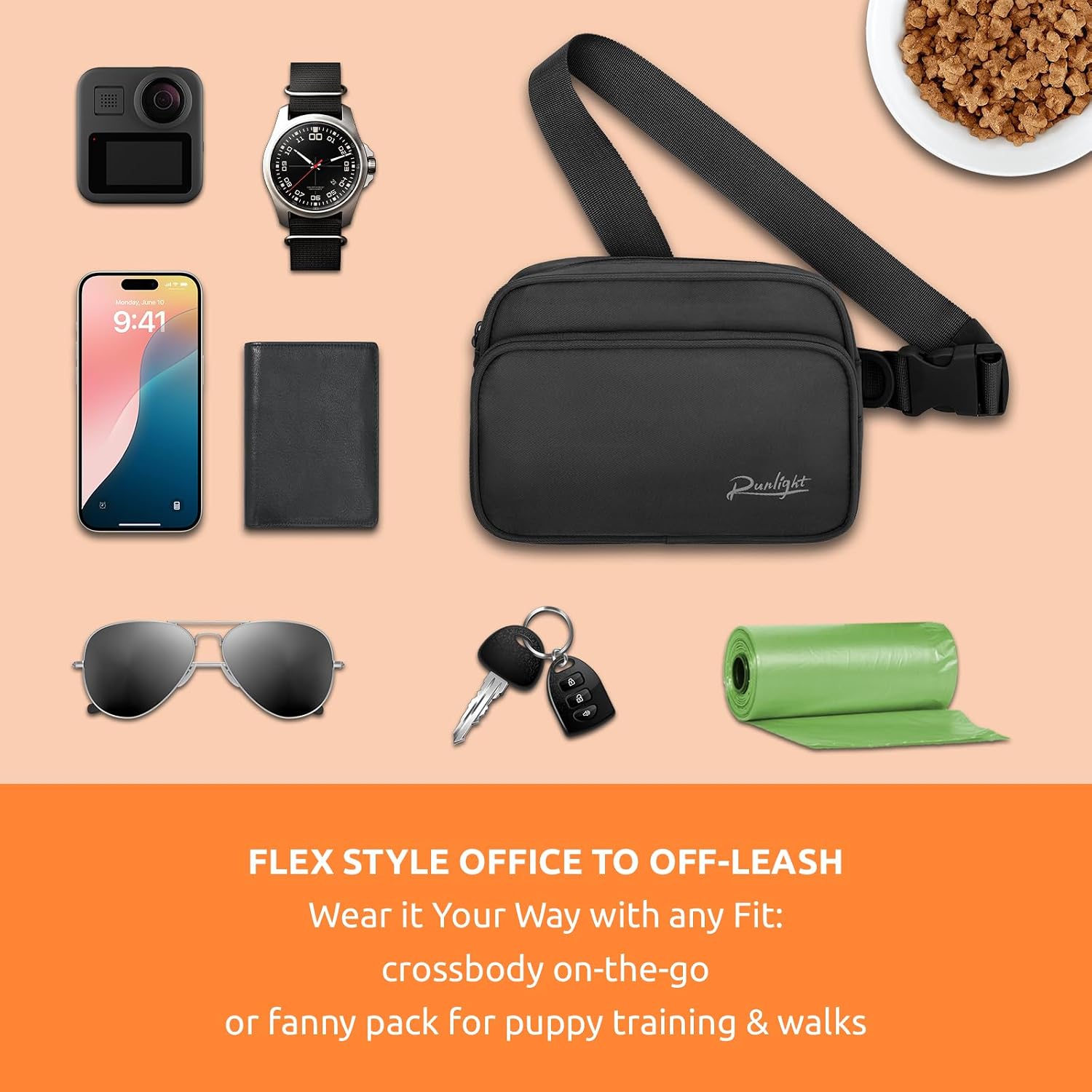 Runlight nylon dog walking bag adjustable waist strap mechanism details