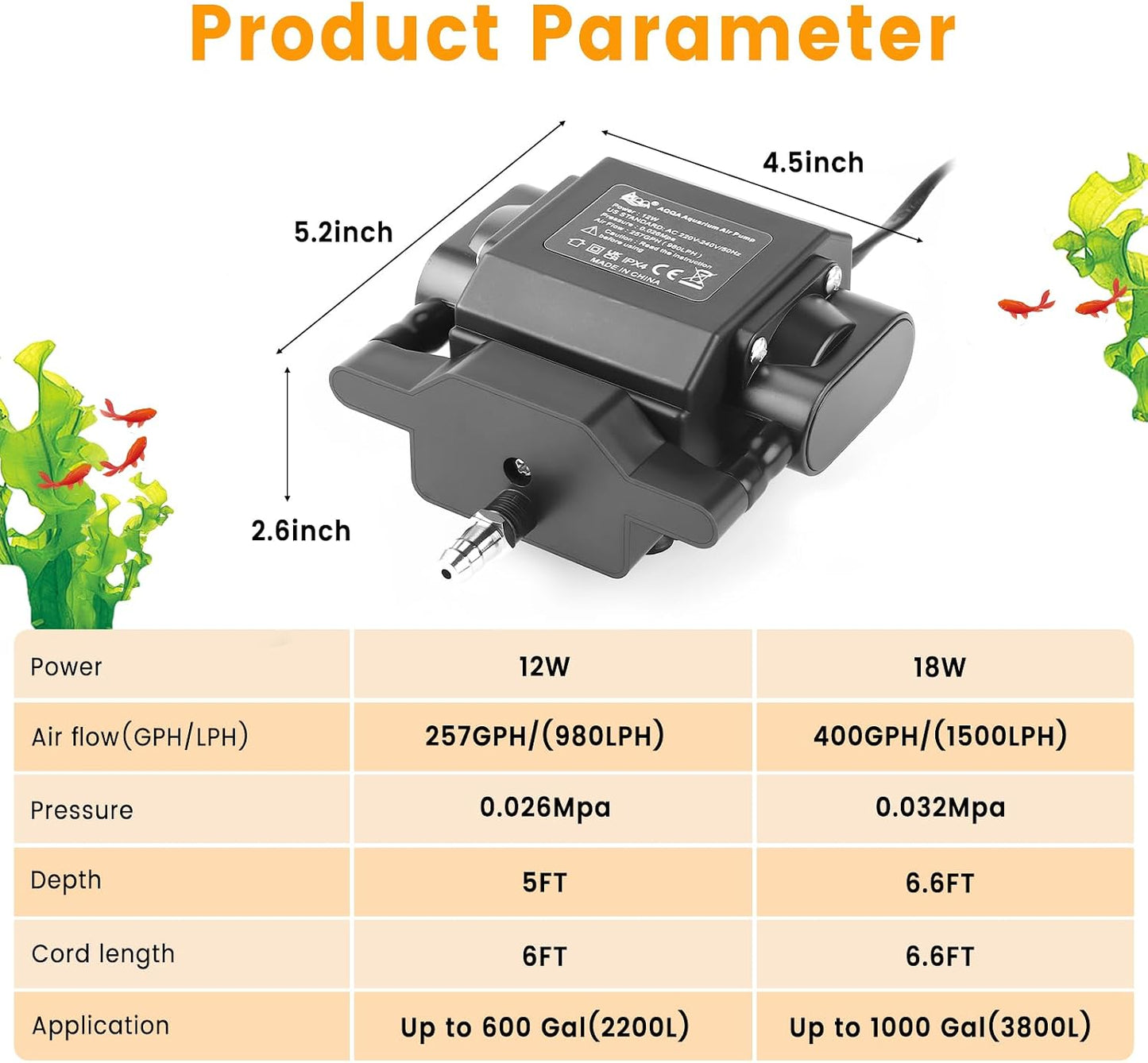 Side profile of AQQA oxygen aerator pump showing power specifications