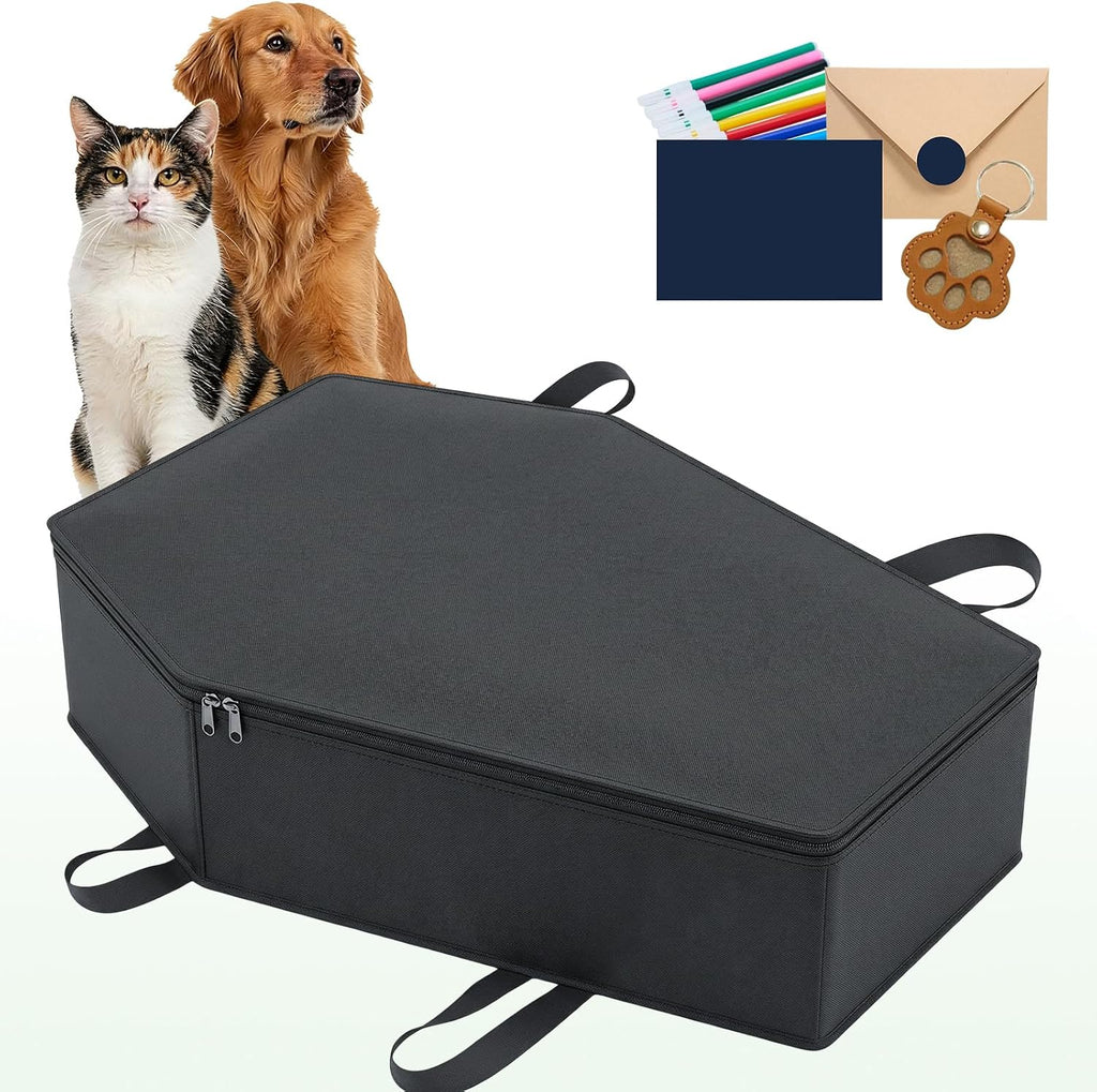 Efulycozyy eco friendly pet casket front view of black hexagonal dog coffin.