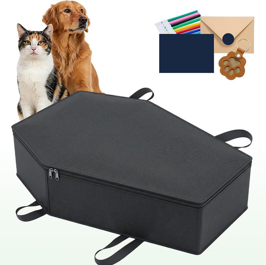 Efulycozyy eco friendly pet casket front view of black hexagonal dog coffin.