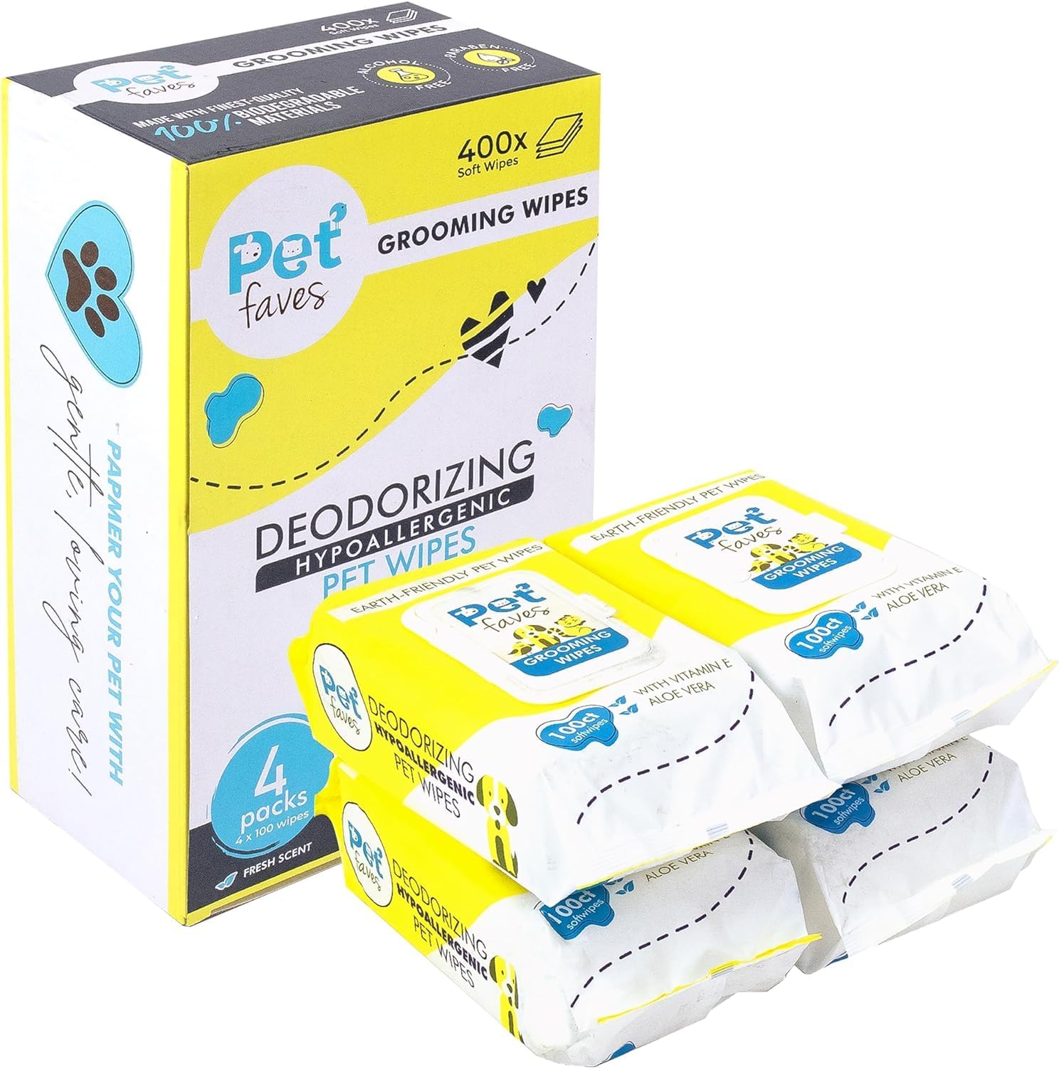 Pet Faves hypoallergenic dog grooming wipes front packaging view for pet cleaning.