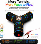 Luckitty three way cat play tube showing the central dangling plush ball toy