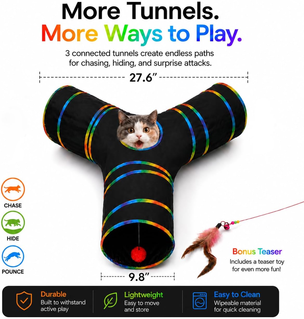 Luckitty three way cat play tube showing the central dangling plush ball toy