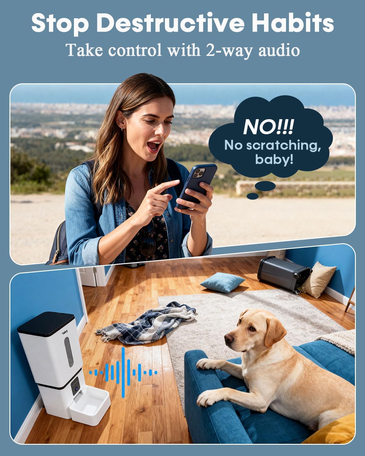 Side view of the Yakry 50 cups capacity dog food dispenser displaying the manual feeding button setup