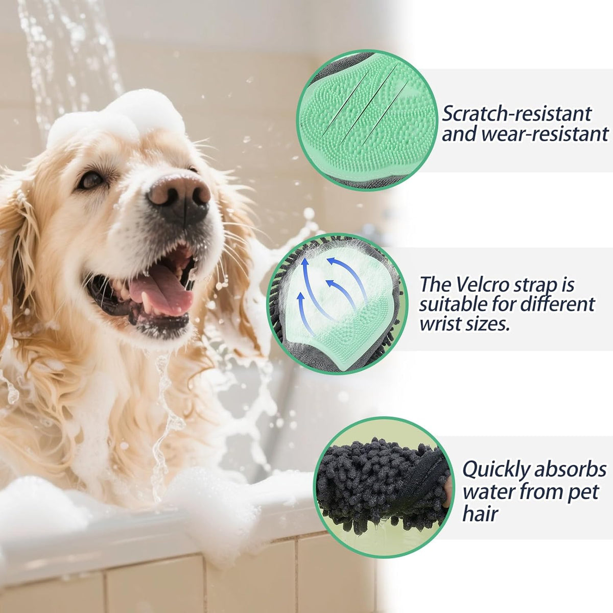 Histotree pet bath glove showing double-sided design features