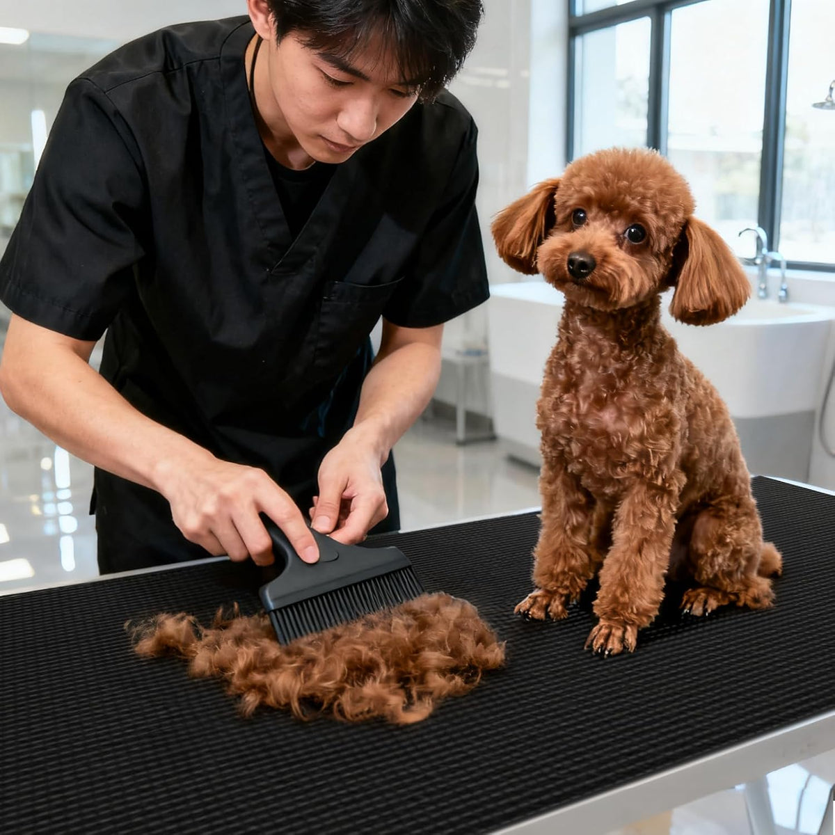 Spacious 24x47 inch IPENP dog grooming mat spread across a home DIY grooming station