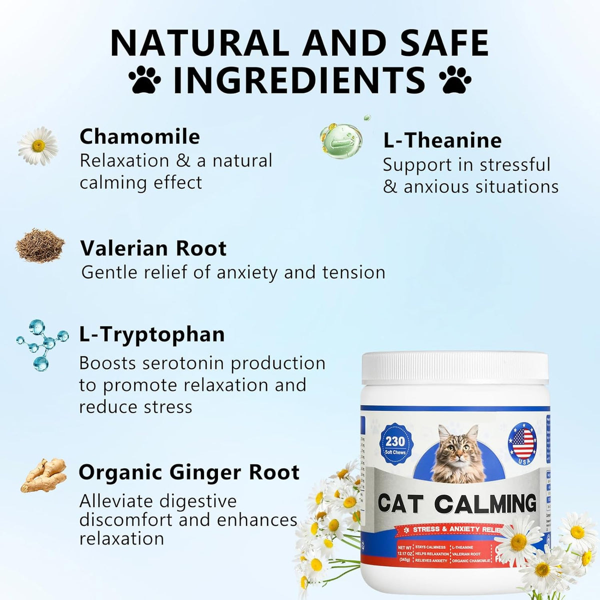 Coleaze cat anxiety relief supplement container showing the active ingredients panel