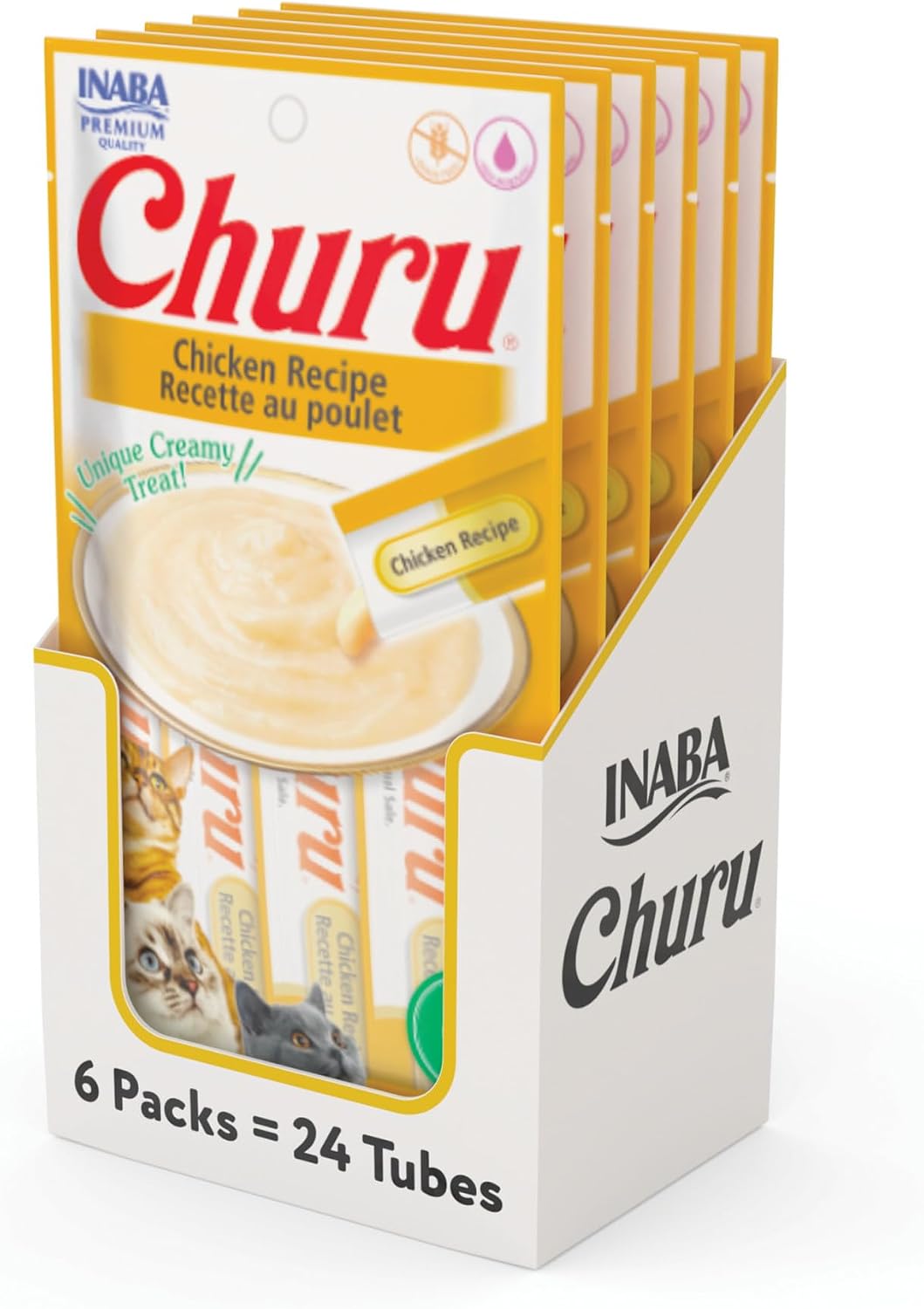 INABA Churu Cat Treats, Lickable, Squeezable Creamy Pure Cat Treat with Green Tea Extract & Taurine, 0.5 Ounces Each Tube, 24 Tubes (4 per Pack), Chicken Recipe - Image 1