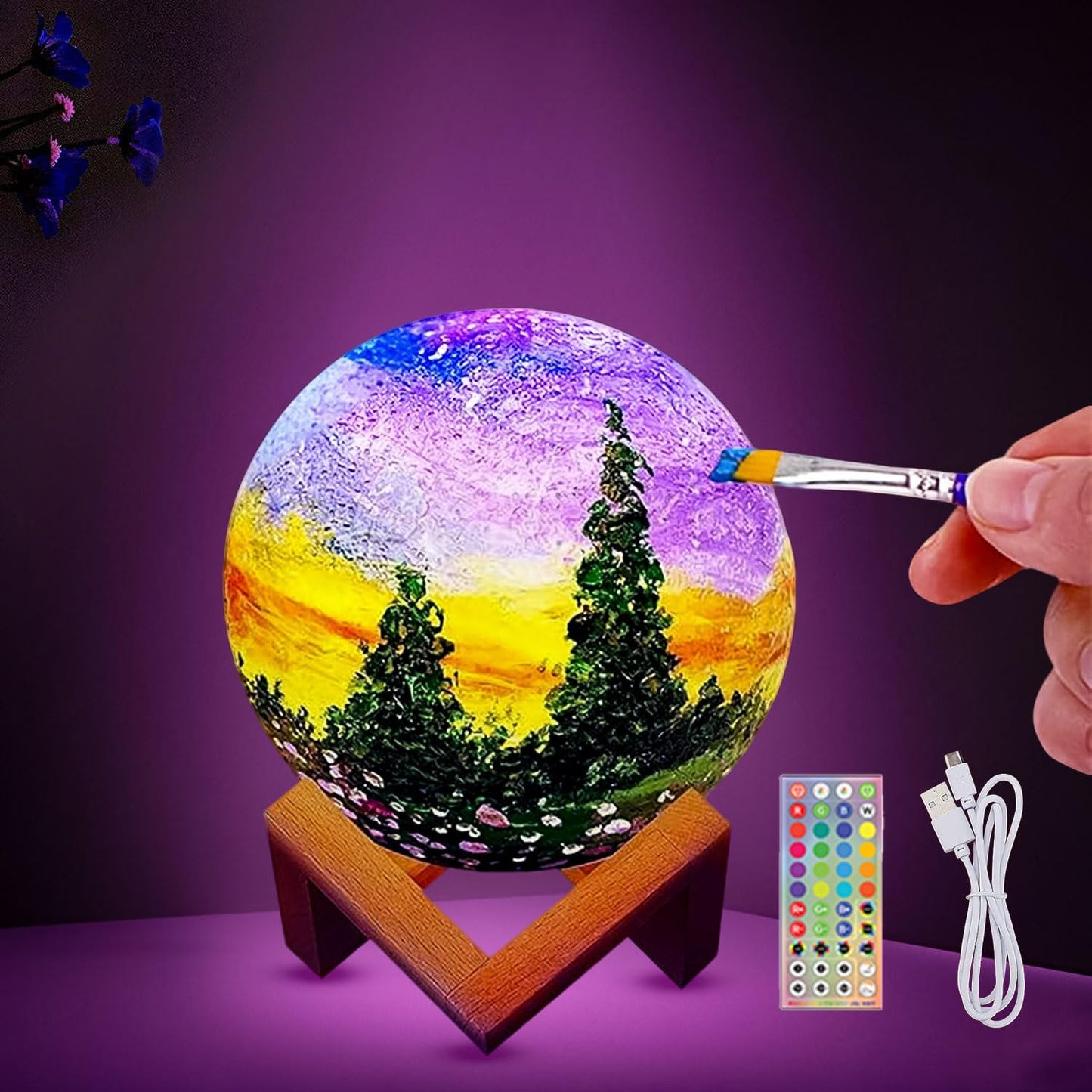 HOLA Paint Your Own Moon Lamp Kit front view showing the textured white 3D lamp on a wooden stand with paint pots.