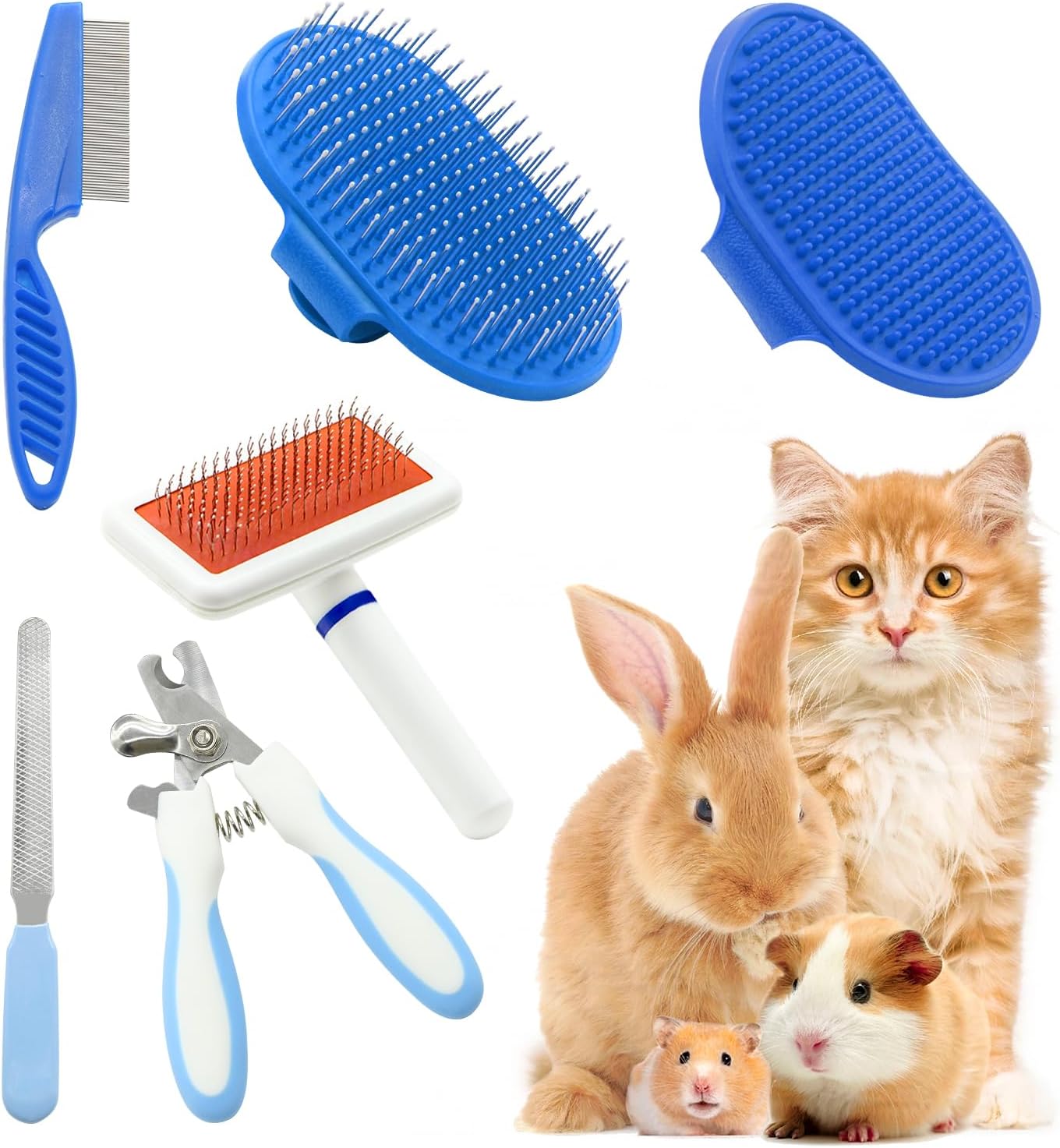Crafterlife 6 piece small animal pet grooming kit front view featuring blue brushes and nail clipper set.
