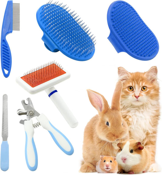 Crafterlife 6 piece small animal pet grooming kit front view featuring blue brushes and nail clipper set.
