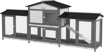 PawHut 90.5" Wooden Rabbit Hutch Bunny Cage Pet Playpen House Enclosure with Double Side Run Boxes, No Leak Tray, Ramp, for Guinea Pig and Small Animals, Light Gray - Image 1