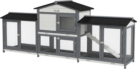 PawHut 90.5" Wooden Rabbit Hutch Bunny Cage Pet Playpen House Enclosure with Double Side Run Boxes, No Leak Tray, Ramp, for Guinea Pig and Small Animals, Light Gray - Image 1
