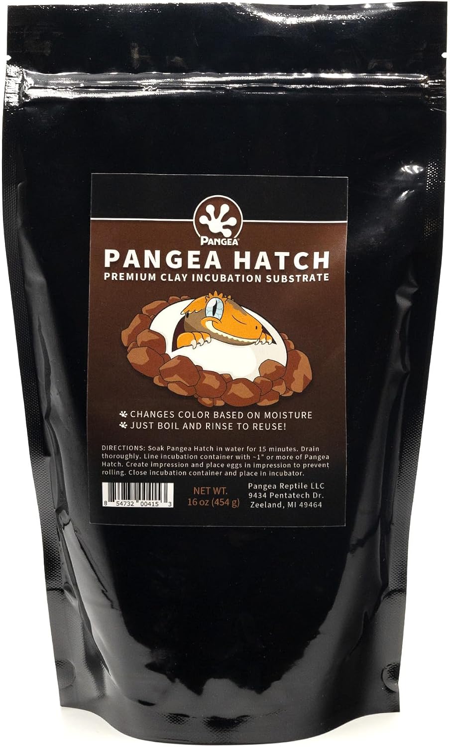 Pangea Hatch Premium Reptile Egg Incubation Substrate 1 Pound front view of the packaging showcasing the authentic clay medium.
