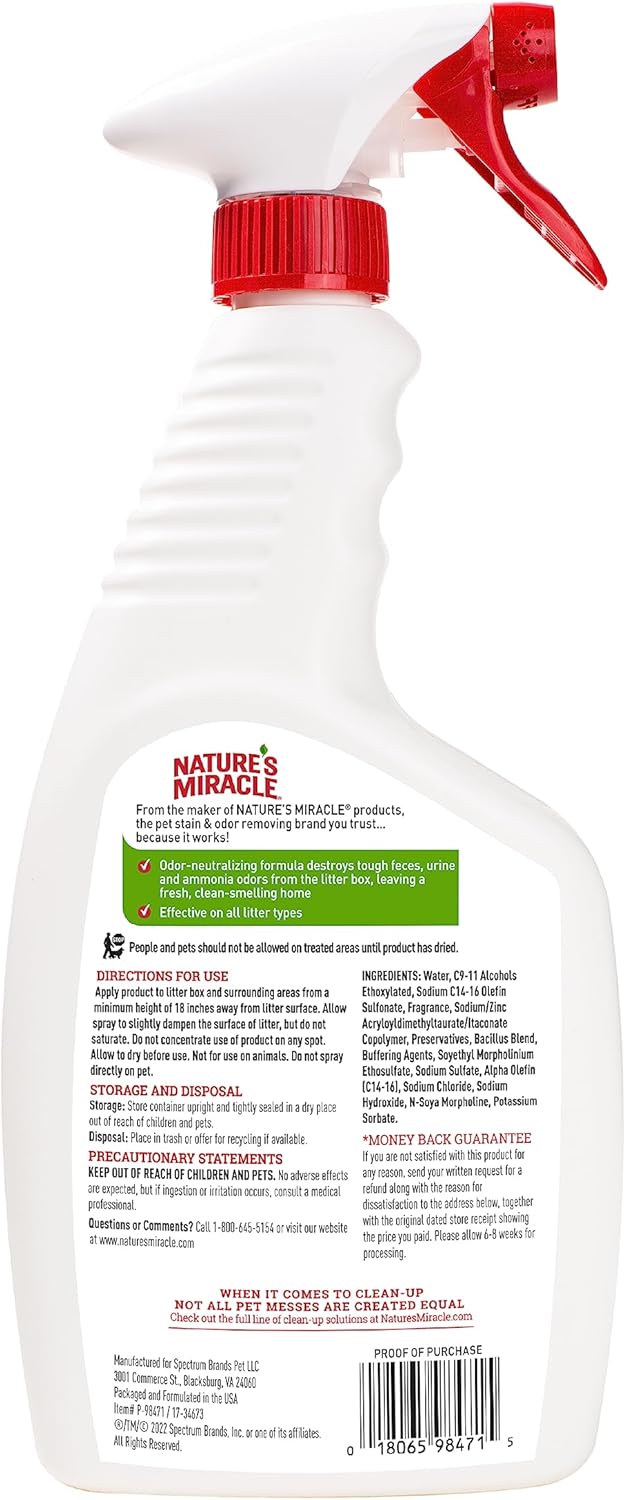 Nature's Miracle unscented litter box spray for neutralizing ammonia odors.
