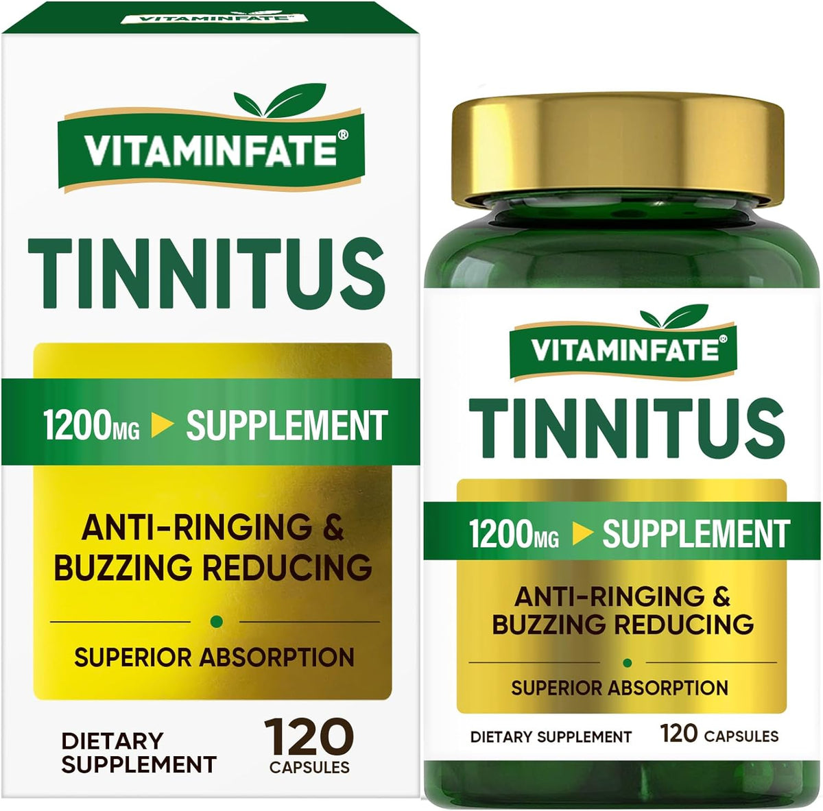 Vitaminfate Tinnitus Relief 1200mg front bottle view showing 120 capsules packaging