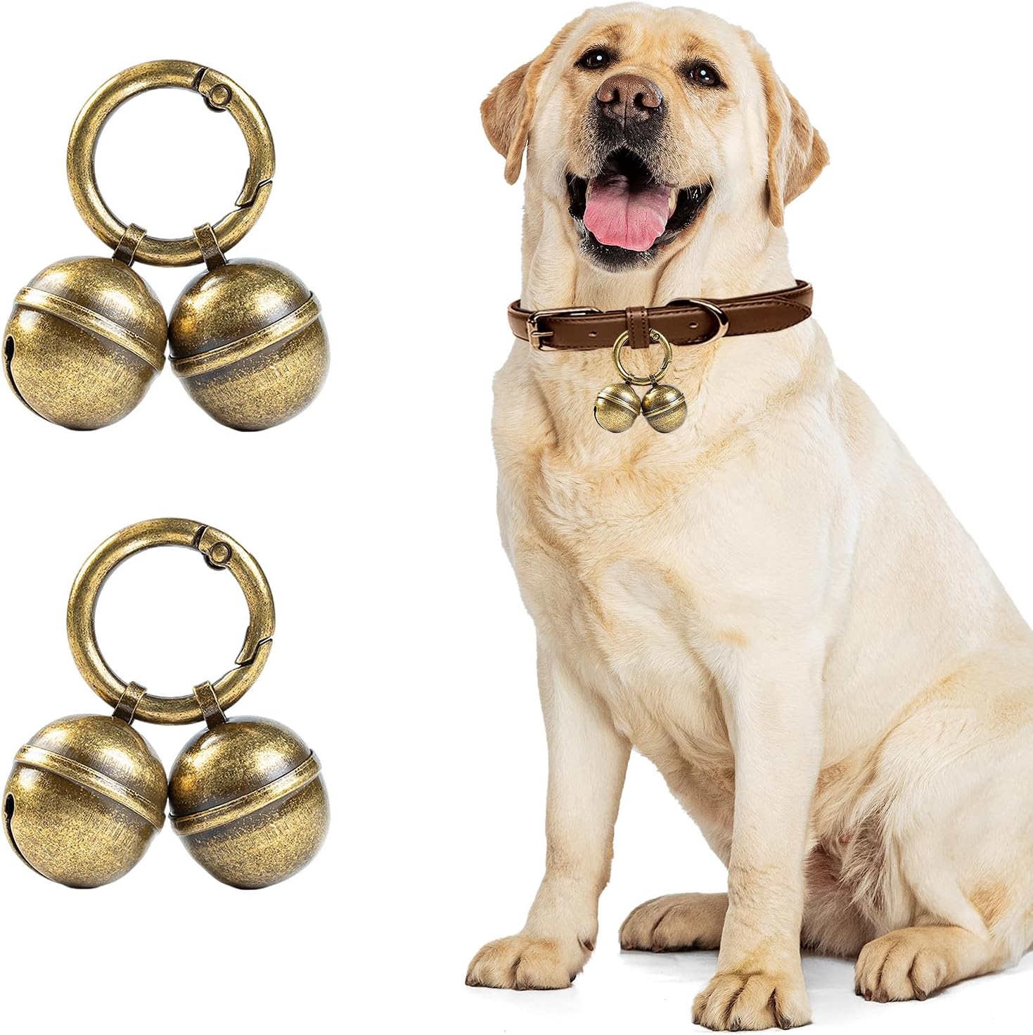 Geehouz loud dog collar bells front view showing high quality copper construction for pet tracking.