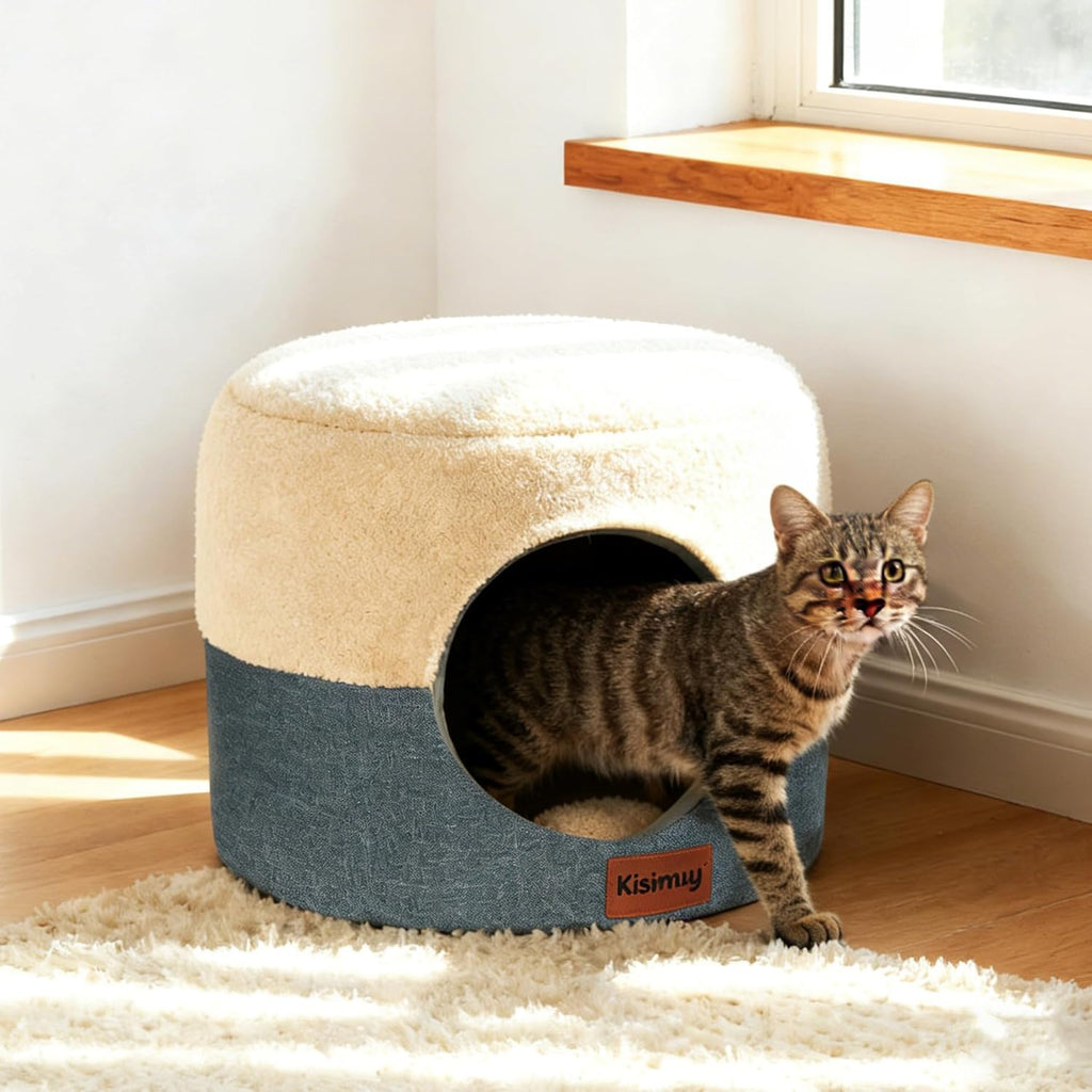 KISIMUY round cat bed front view showing the enclosed grey cave house configuration for indoor pets