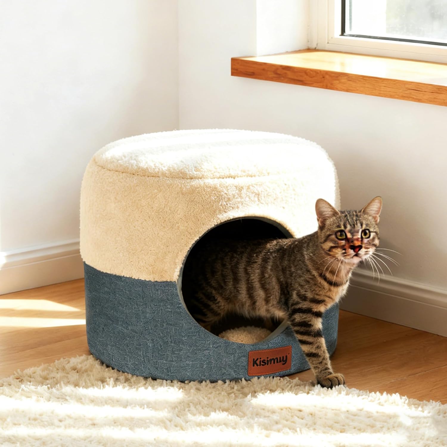 KISIMUY round cat bed front view showing the enclosed grey cave house configuration for indoor pets
