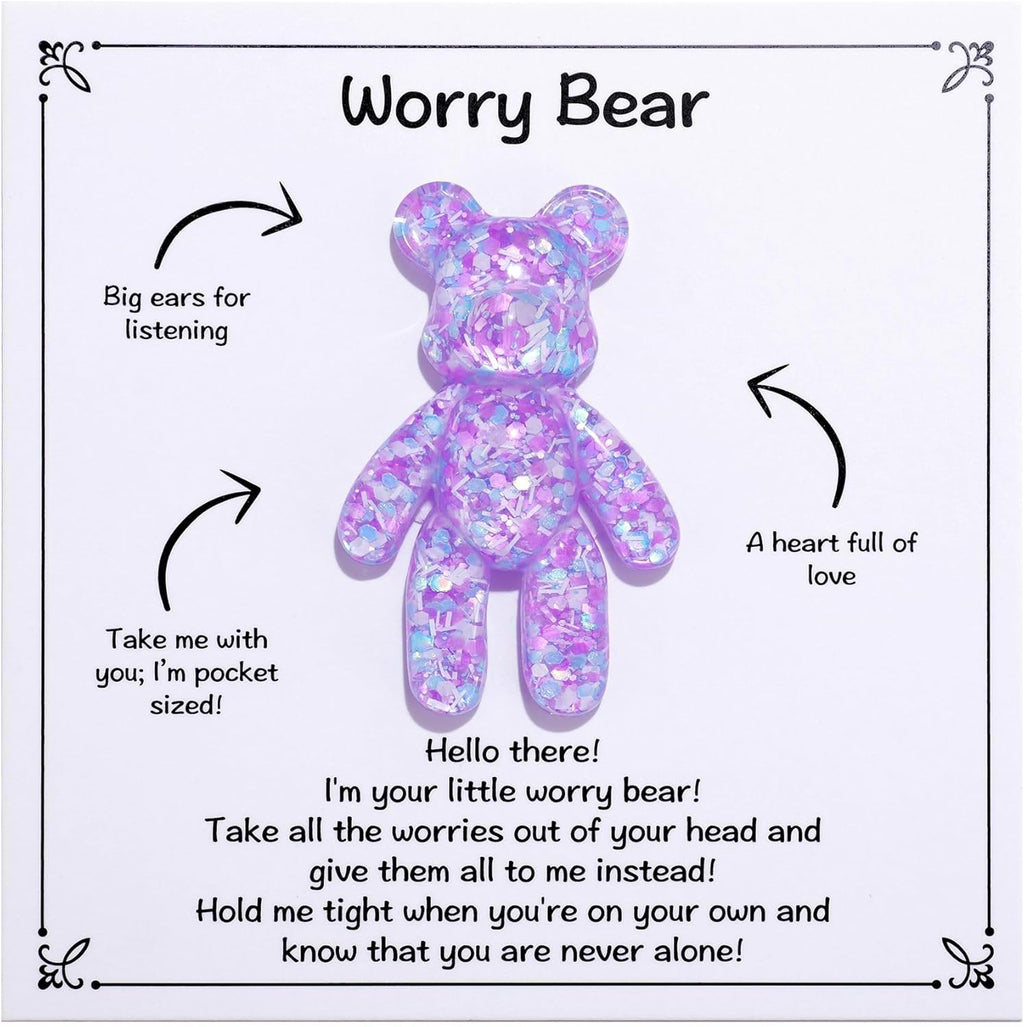 Aesnefe pocket bear hug front view showing purple sparkling resin finish with support card.
