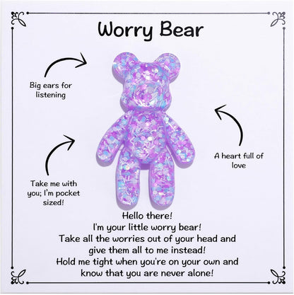 Aesnefe pocket bear hug front view showing purple sparkling resin finish with support card.