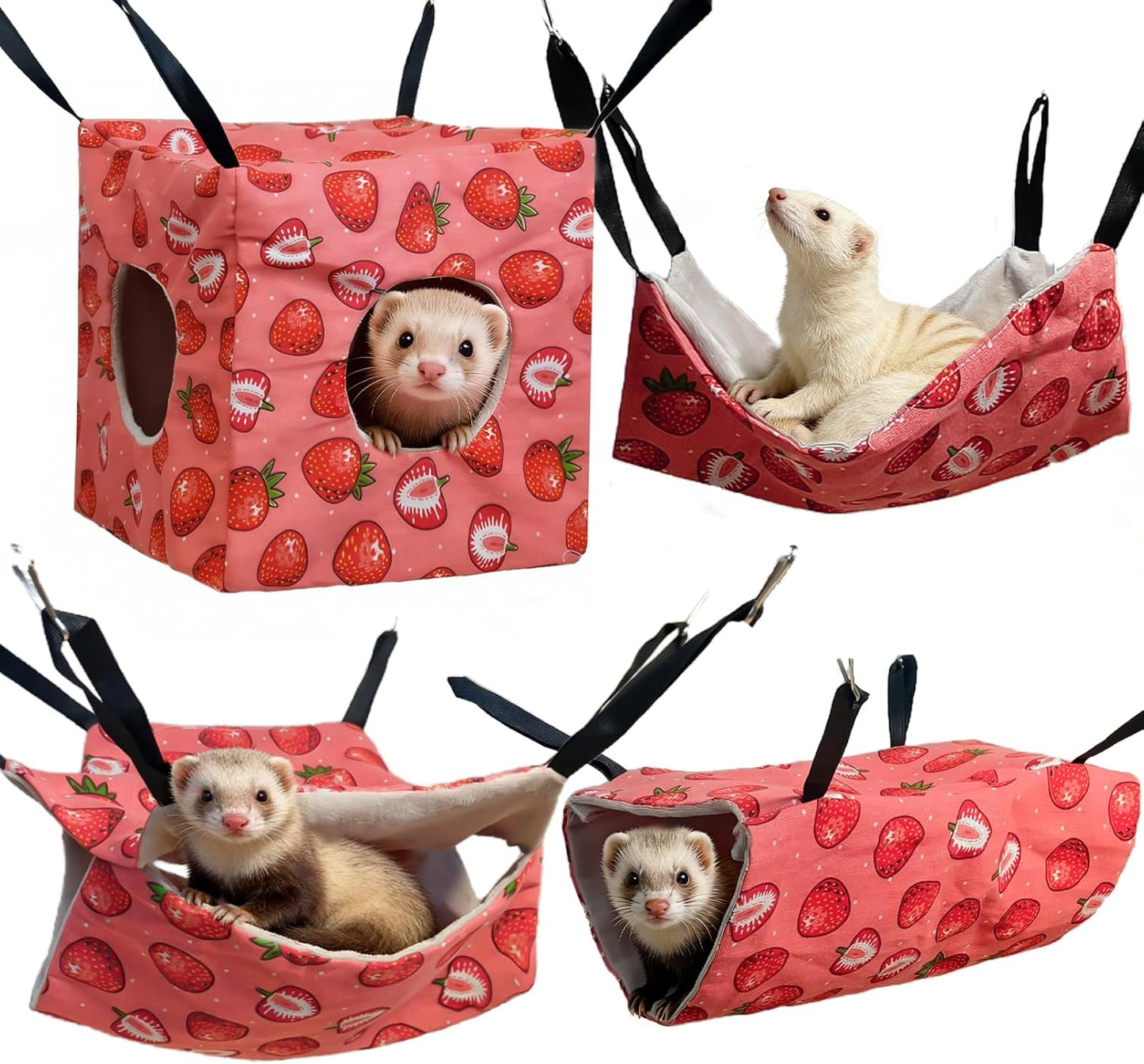 Kathson 4 Piece Ferret Hammock Set front view showing pink strawberry print hanging cage accessories
