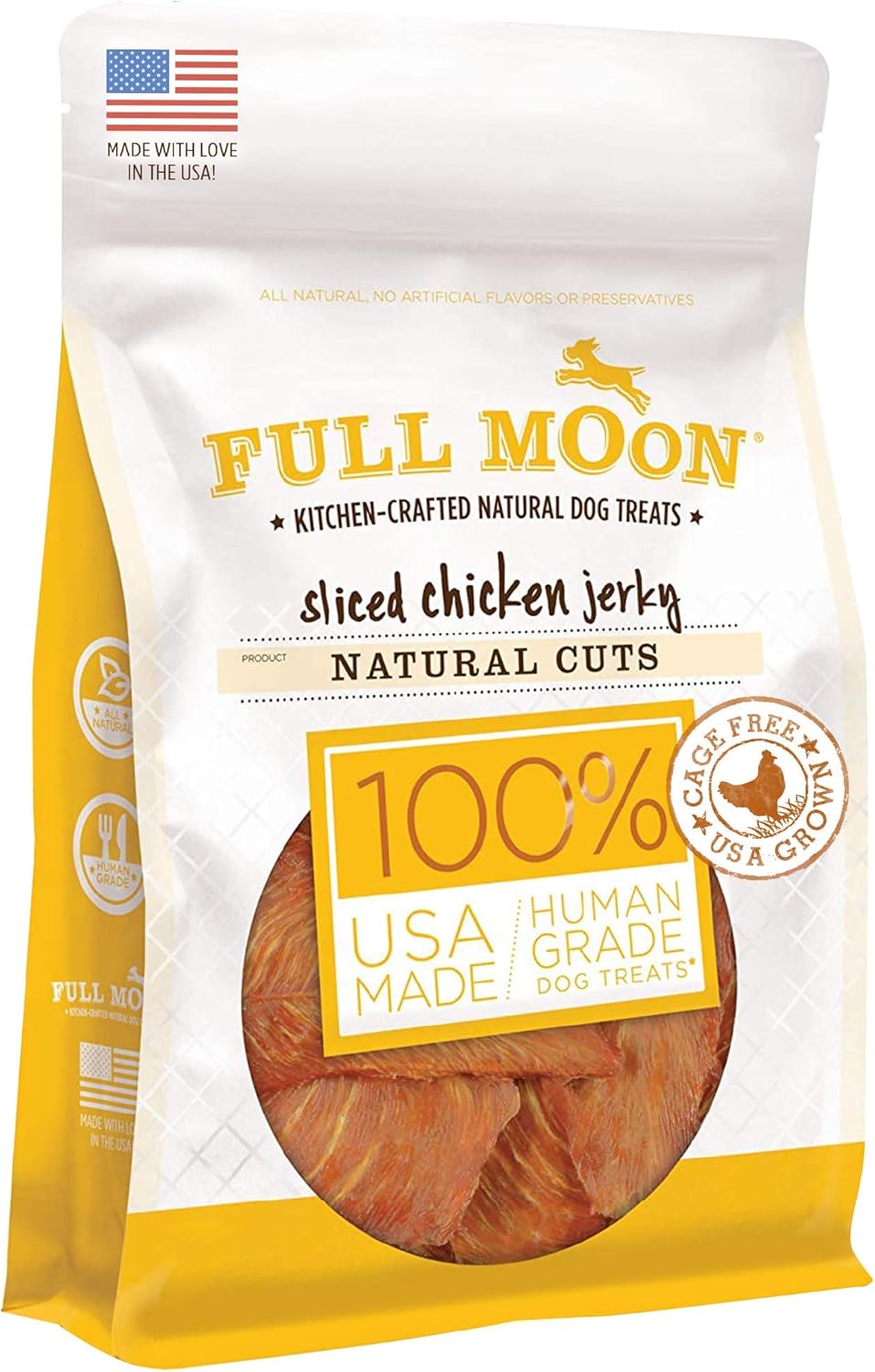 Small dog enjoying Full Moon chicken strip treat