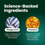 Close up of ninety count omega healthy skin softgels for pets.