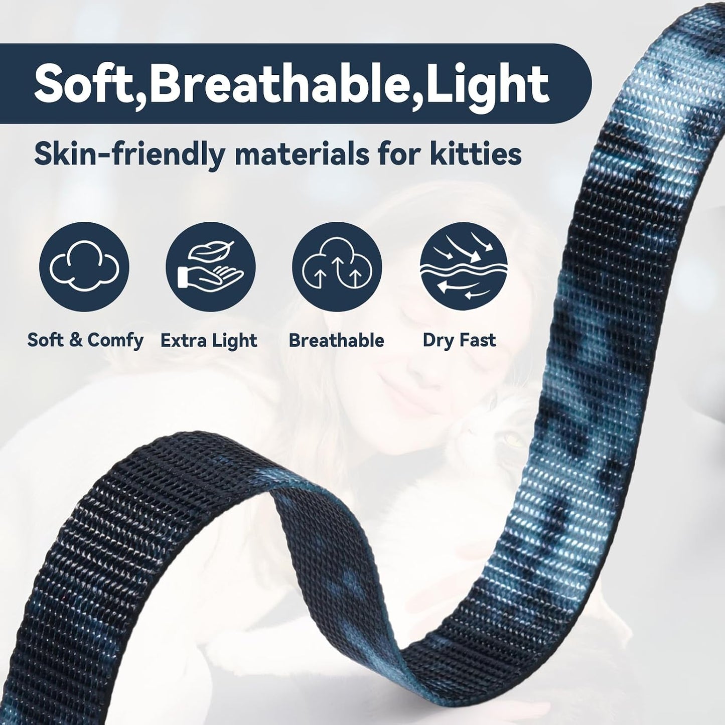 Comfortable skin-friendly kitten harness showing adjustable neck and chest straps.