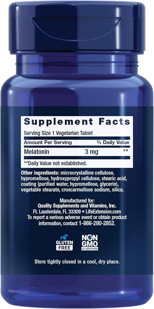 Life Extension Melatonin 3 mg 60 vegetarian tablets side label showing supplement ingredients
