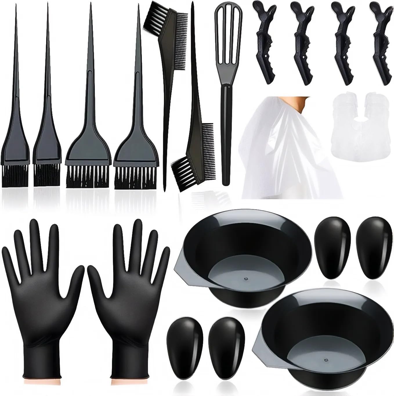 NOUSV 20 piece hair dye brush and bowl set front view showing complete black plastic DIY salon styling kit.