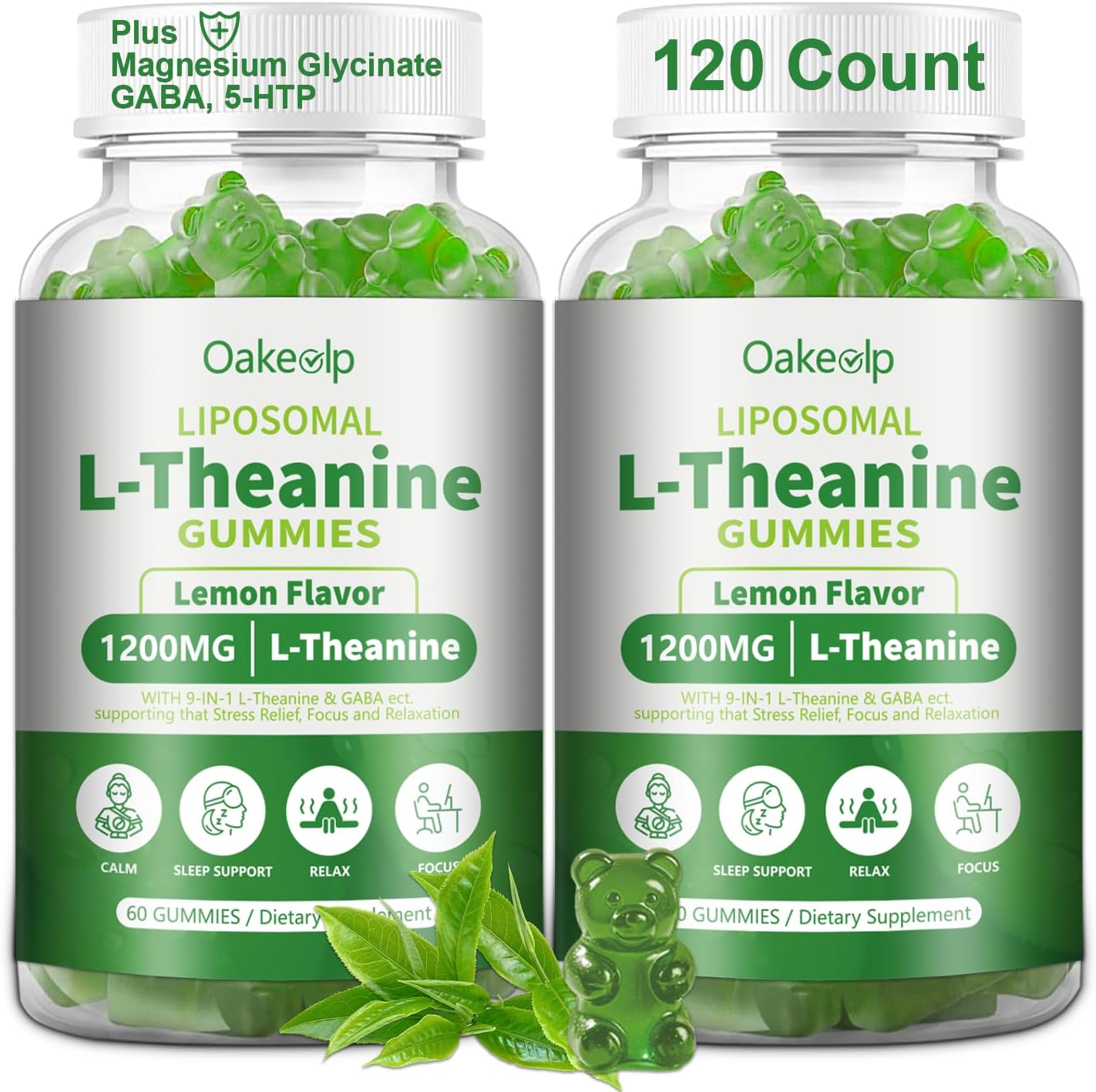Oakevlp Liposomal L-Theanine 1200mg Gummies front bottle view for relaxation.