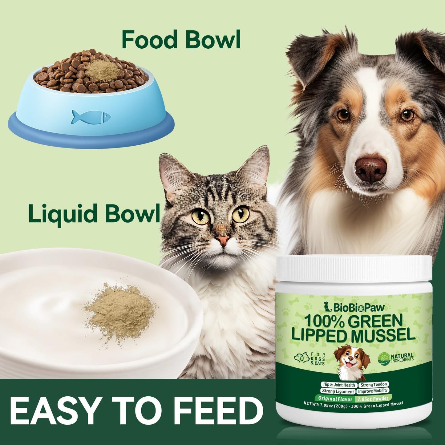 BioBiopaw daily joint care dietary supplement for senior dogs and cats showing container size proportions