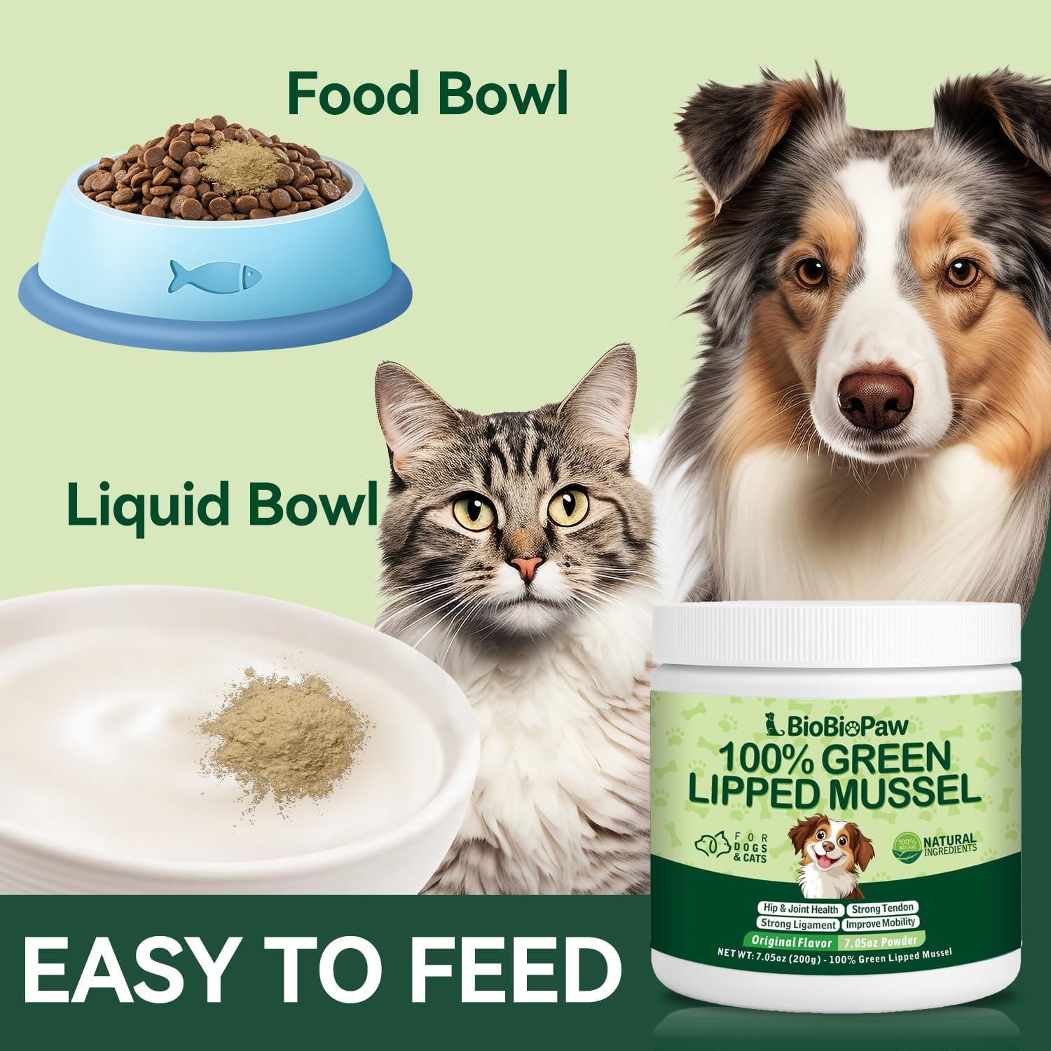 BioBiopaw daily joint care dietary supplement for senior dogs and cats showing container size proportions