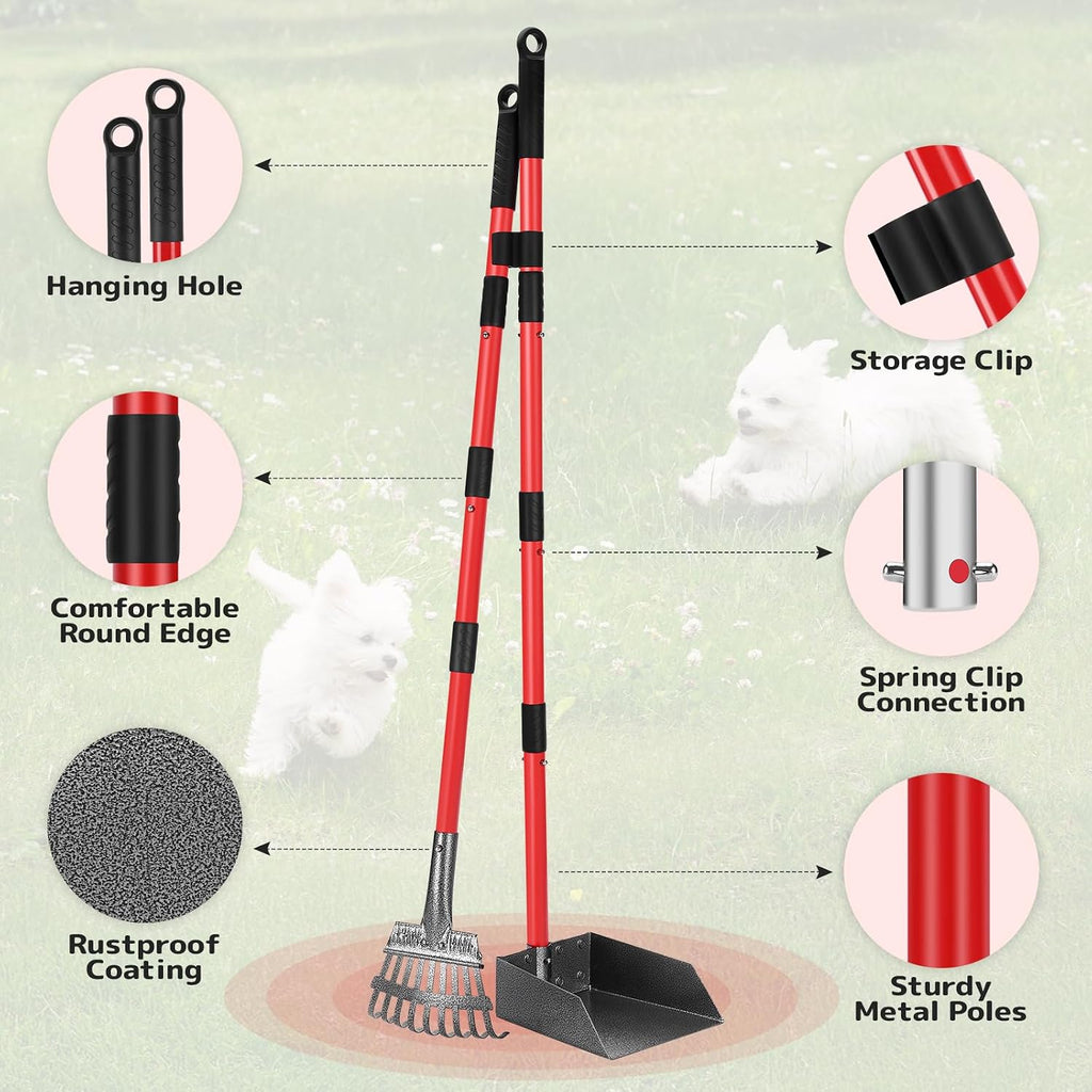 Sturdy no bend dog poop catcher tray and rake combo standing upright on a patio