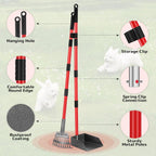 Sturdy no bend dog poop catcher tray and rake combo standing upright on a patio