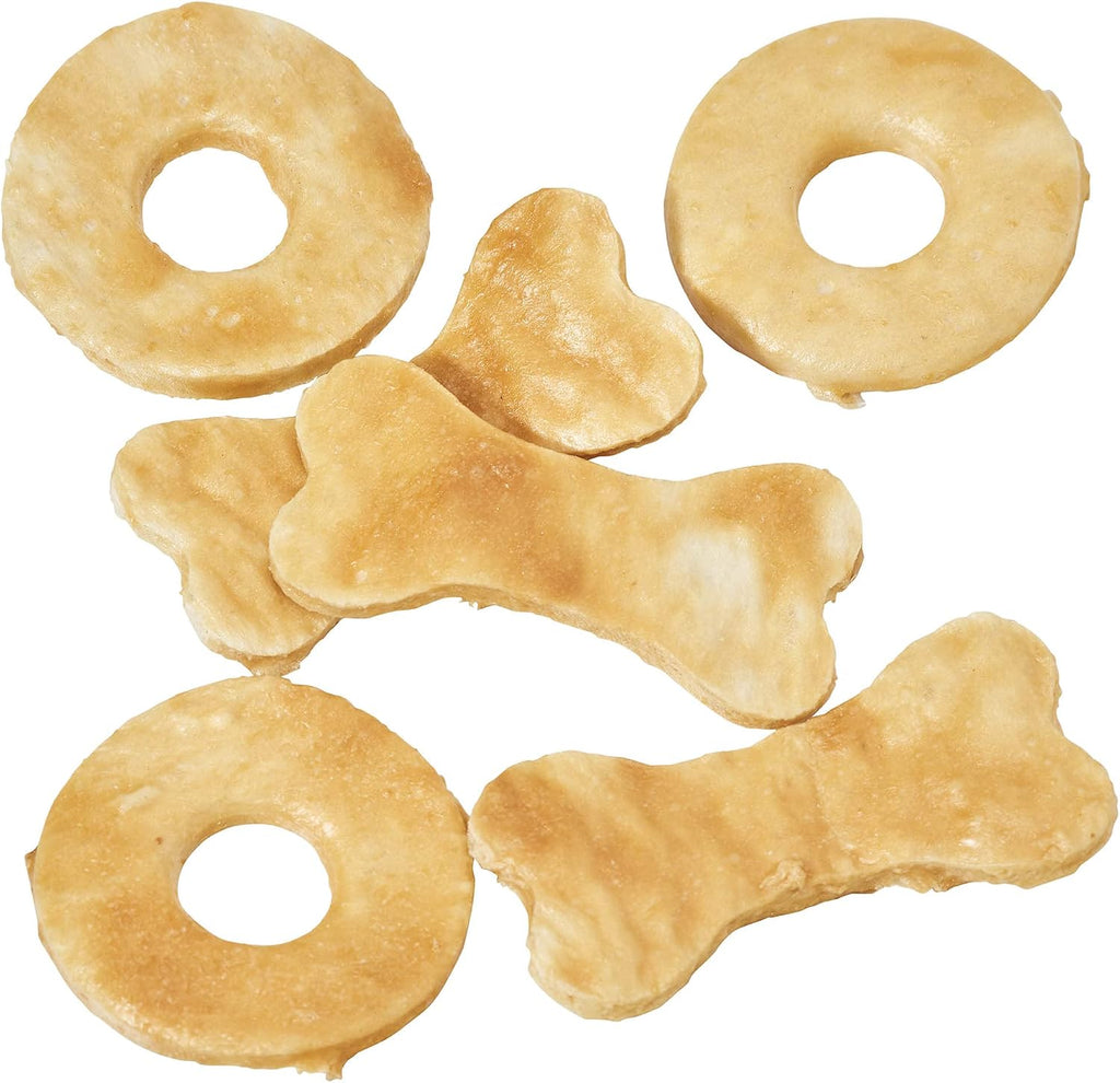 Authentic USA imported rawhide alternative dog treats showing the ring and bone shapes.