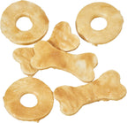Authentic USA imported rawhide alternative dog treats showing the ring and bone shapes.