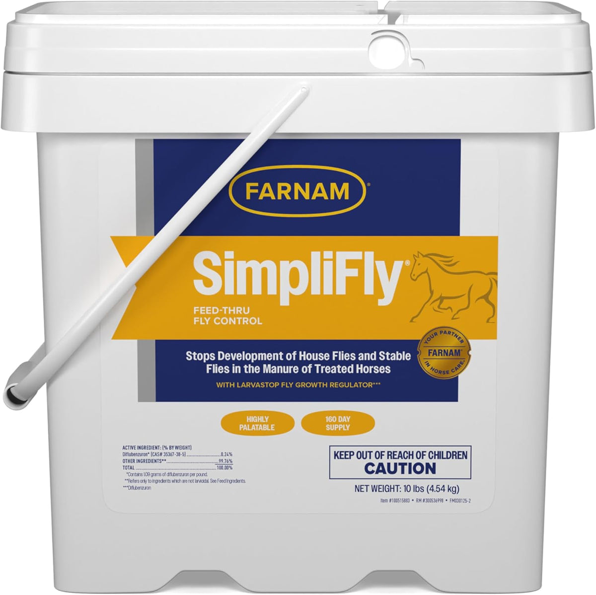 Farnam SimpliFly feed through horse fly control supplement 10 pound bucket front view