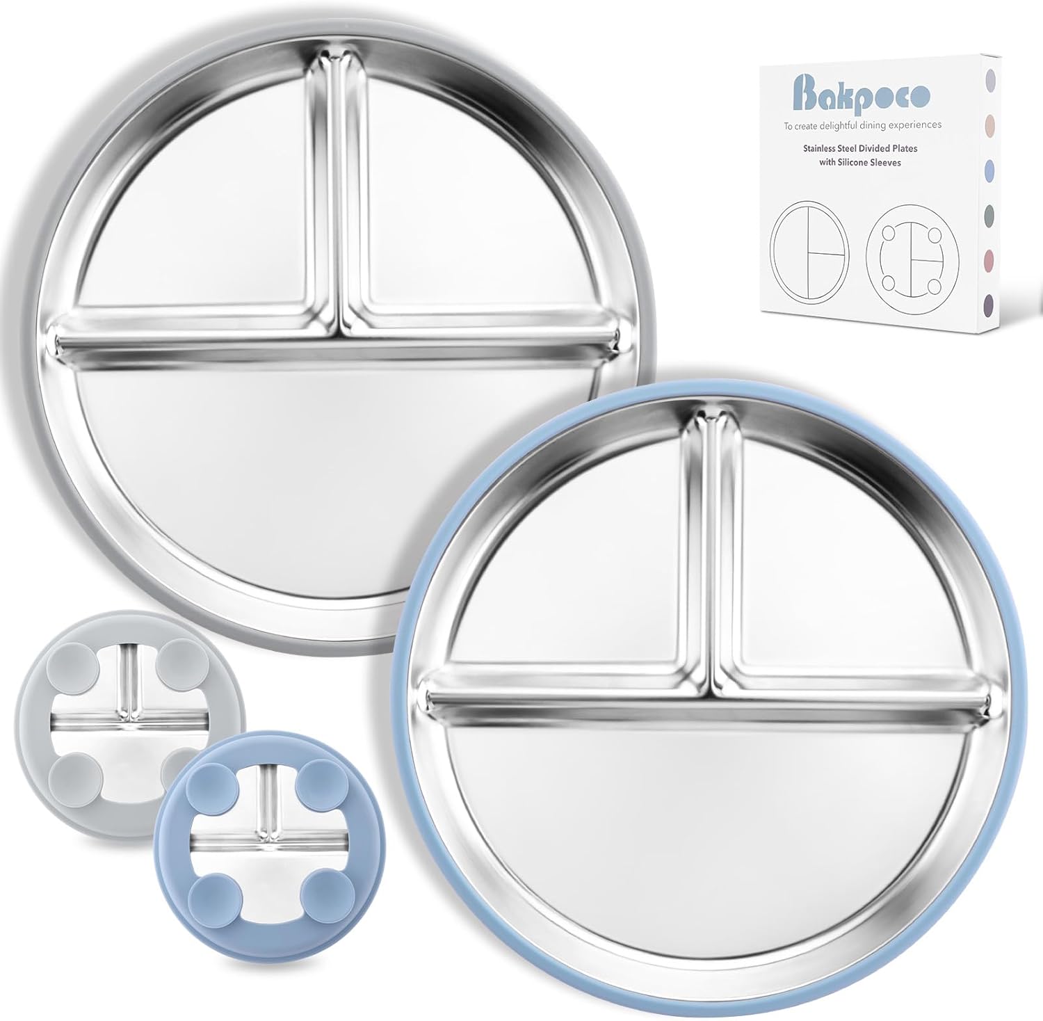 Bakpoco stainless steel toddler suction plates front view set of two