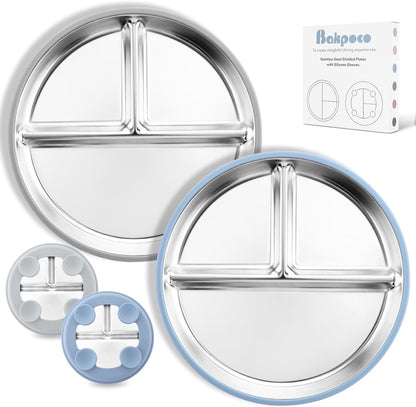 Bakpoco stainless steel toddler suction plates front view set of two