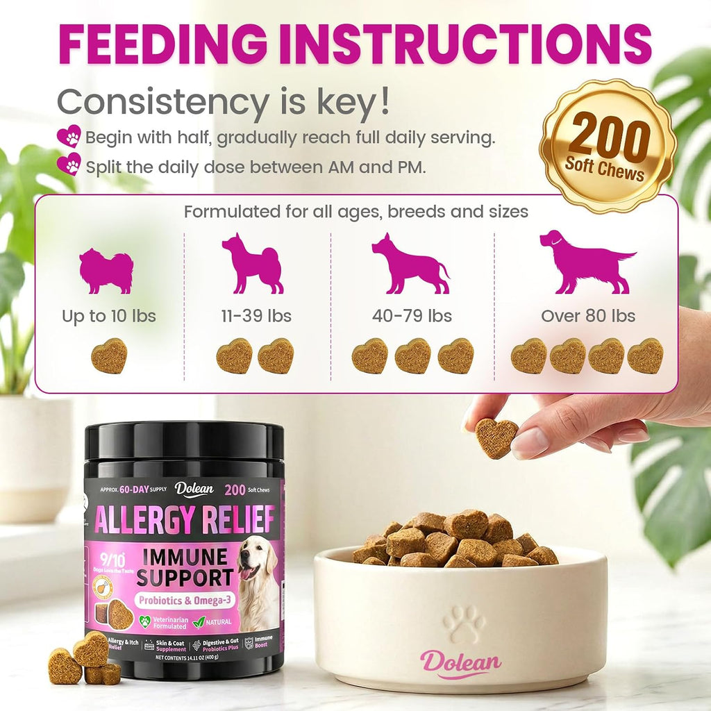 Close up of Dolean dog allergy supplement highlighting omega 3 and yeast relief formulation