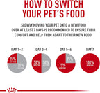 Back panel of Royal Canin Hairball Care dry diet showing feeding guidelines matrix