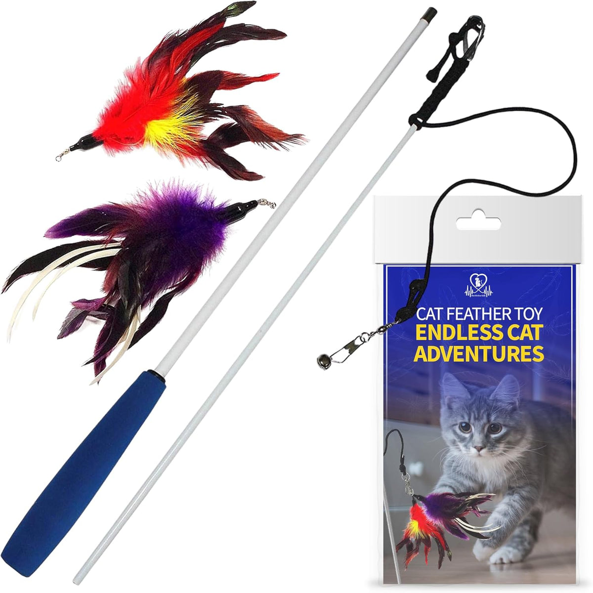 Pet Fit For Life 2 Feather Wand Cat Toy front view showing the red and purple attachments.