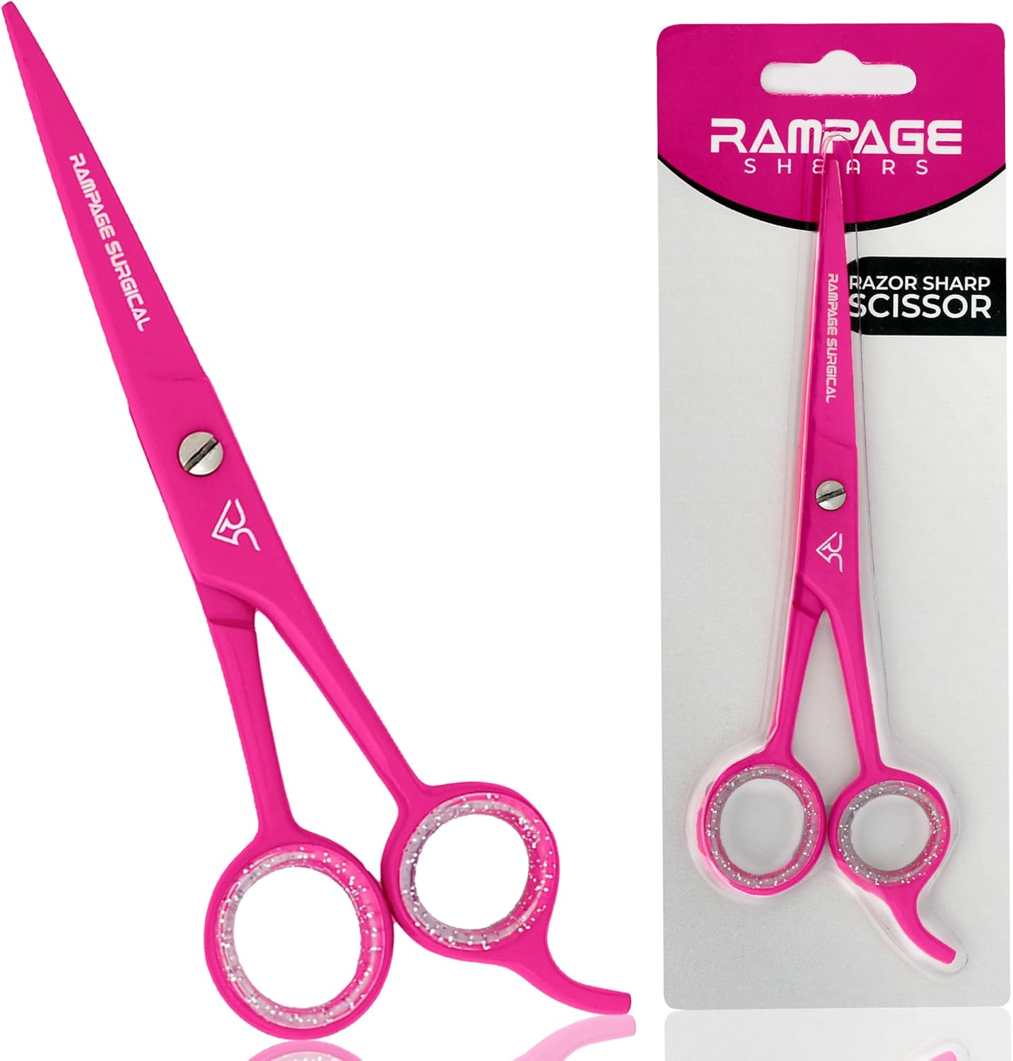 Rampage Surgical professional hairdresser scissors front view showing the 6.5 inch pink Japanese stainless steel blades.