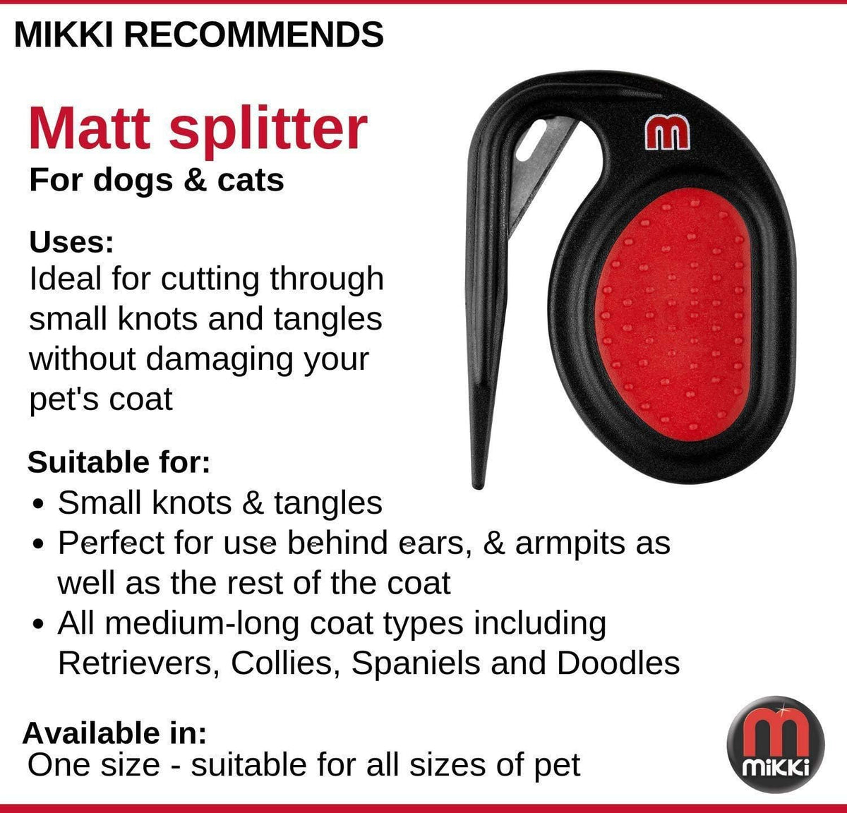 Mikki dog and cat matt splitter showing stainless steel blade