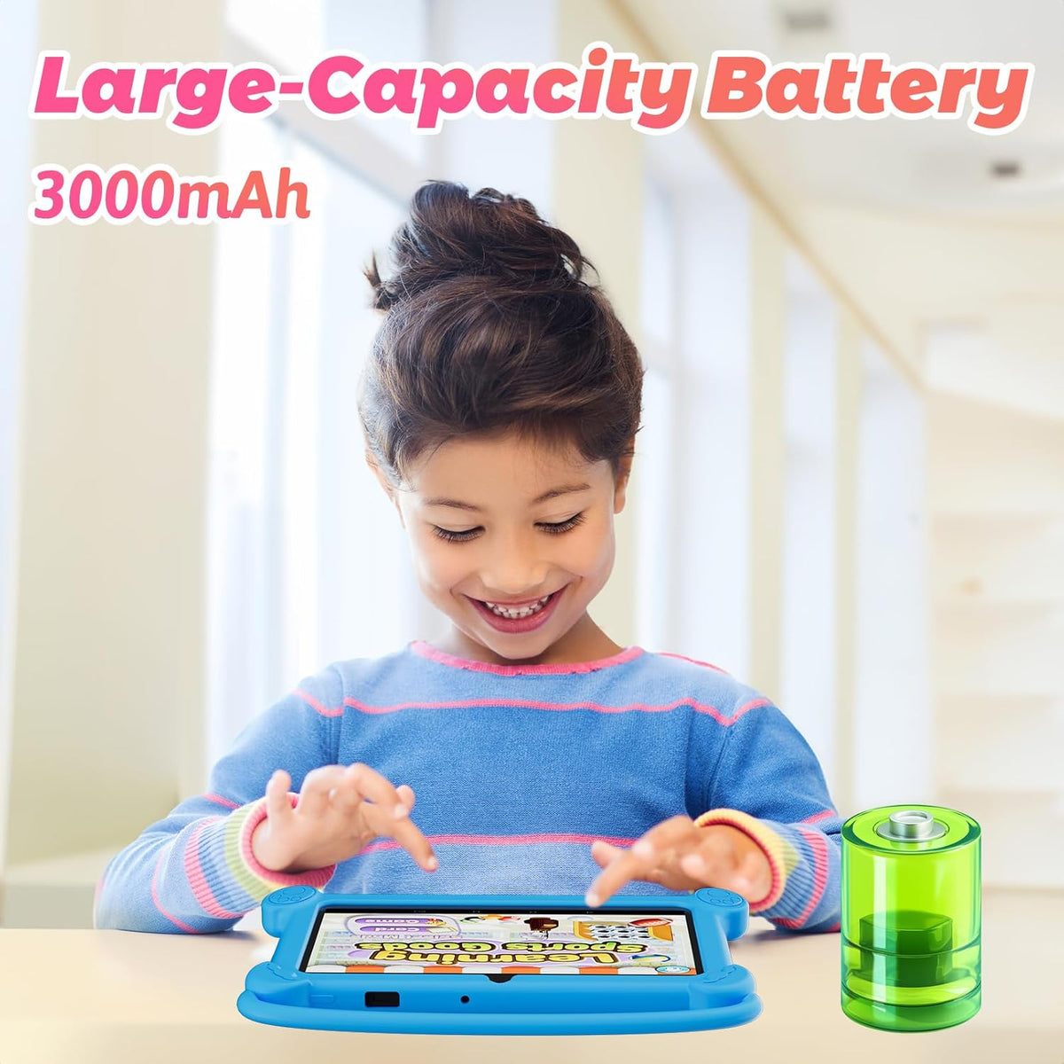 DIGITHINK imported kids tablet package contents highlighting the 7 inch display and heavy-duty blue protective casing.